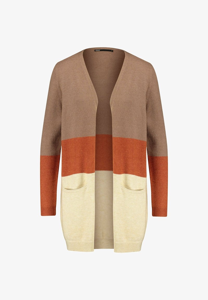 Cardigan en maille avec un design color-block en marron, rouille et crème, doté d'une ouverture frontale, de manches longues et de deux poches avant.