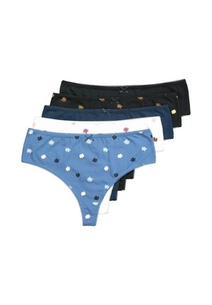 Cinque paia di lingerie femminile in tessuto blu, nero e bianco; caratterizzate da motivi floreali e fiocchi, con una trama morbida e traspirante.