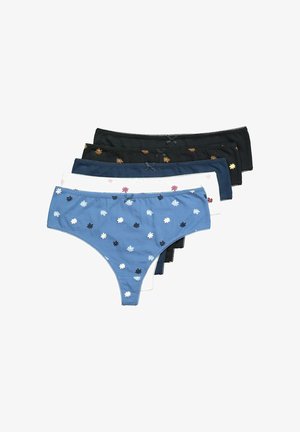 Five pairs of women's underwear in blue, black, and white fabric; features floral patterns and bows, with a soft, breathable texture.