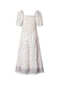 Robe midi blanche avec manches bouffantes, corsage smocké, petit imprimé floral et large détail à l'ourlet.