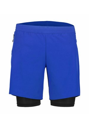 Pantalones cortos deportivos azules con una capa interior negra, con cintura elástica y un bolsillo lateral con cremallera. Material suave y ligero.