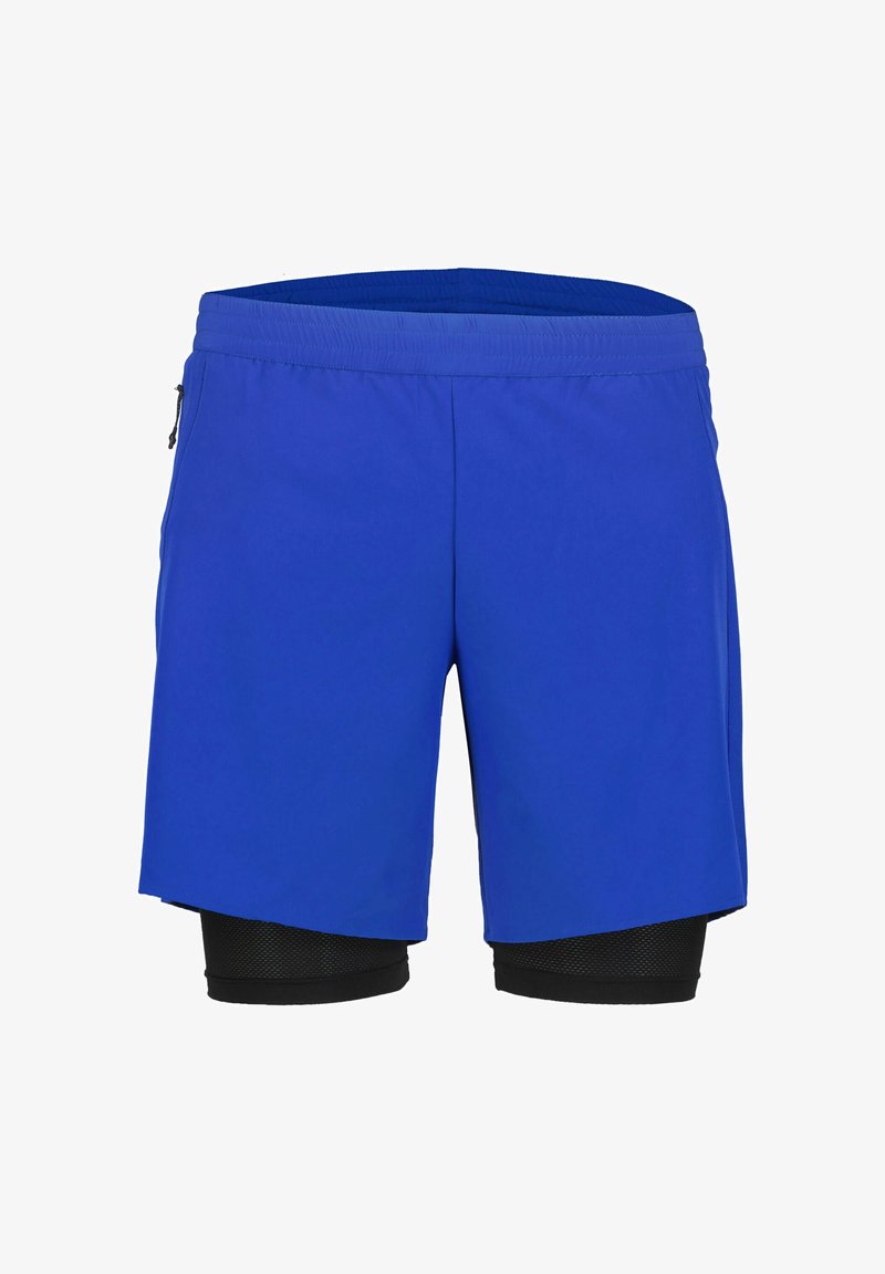 Shorts de sport bleus avec une couche intérieure noire, équipés d'une ceinture élastique et d'une poche zippée sur le côté. Matière lisse et légère.