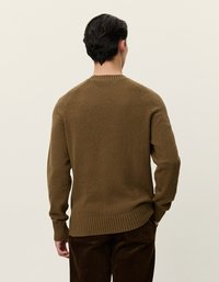 Καφέ πλεκτό πουλόβερ με rib κουβέρτα και μανίκια, με στρογγυλή λαιμόκοψη και ραγκλάν μανίκια, που επιδεικνύει μια υφασμάτινη επιφάνεια.