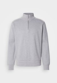 Light gray zip-up sweatshirt, featuring a high collar, ribbed cuffs and hem, and a smooth texture, with a subtle woven pattern.