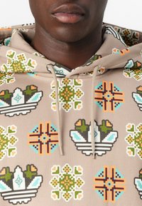 Primo piano di una persona che indossa un hoodie beige con un motivo geometrico e floreale colorato nelle tonalità di verde, arancione, bianco e blu.