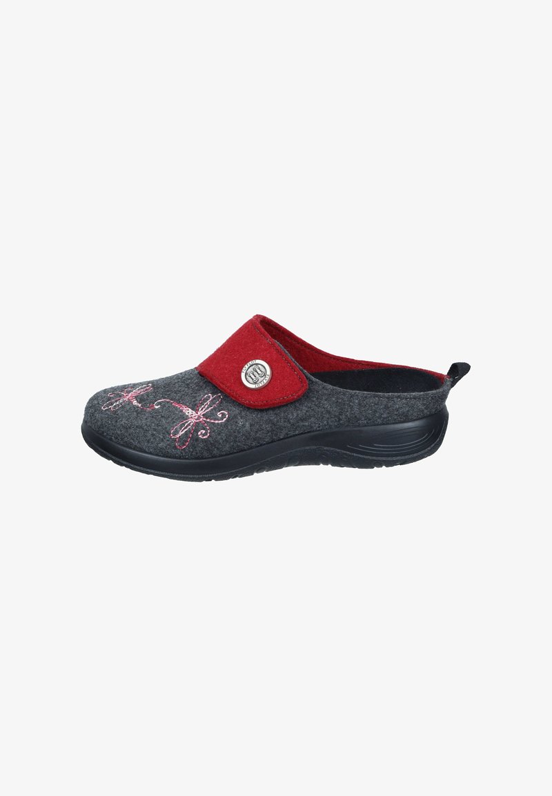 Graue Slipper aus Stoff mit rotem Akzentriemen, floralem Stickmuster in Pink und einer schwarzen Gummisohle. Verfügt über ein Logodetail am Riemen.