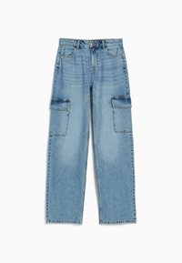 Light blue denim cargo pants with a straight fit, featuring two large side pockets and subtle whiskering on the thighs.