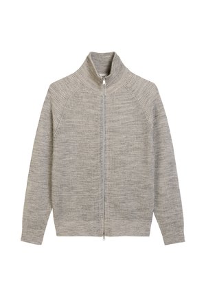 Grauer gestrickter Cardigan mit hohem Kragen, vollem Reißverschluss und Raglanärmeln. Texturiertes Muster und gerippte Saumdetails werten das Design auf.