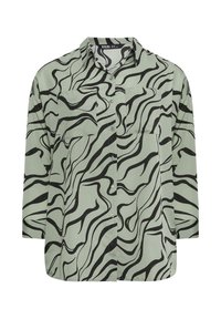 Button-up long-sleeve shirt in light green with a black wavy pattern. Features two chest pockets and a classic collar. Smooth, lightweight fabric.