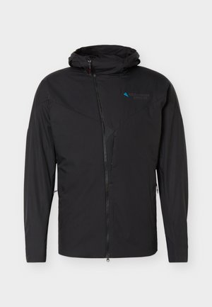 Black lightweight hooded jacket with full front zipper, long sleeves, and subtle logo on the left chest.