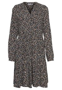 Svart blommig klänning med långa ärmar, v-ringning och resårmidja. Har små rosa, vita och gula blommor på en mörk bakgrund.