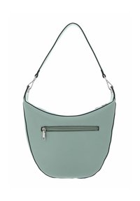 Sac à main en similicuir vert menthe à forme incurvée, poignée supérieure et poche zippée argentée à l'avant. Des accents noirs soulignent les contours.