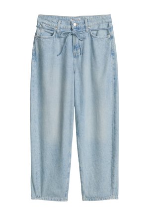 Hellblaue High-Waist-Jeans mit geradem Bein, fünf Taschen, Knopfverschluss und einem vorderen Bindeband in der Taille.