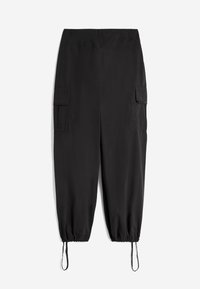 Pantaloni cargo neri con vestibilità rilassata, polsini elastici, due tasche laterali e un tessuto leggero e morbido.