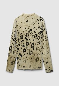 Camicia a manica lunga in tessuto beige con macchie astratte nere e marroni; trama morbida, scollo rotondo e orlo dritto. Vista posteriore mostrata.