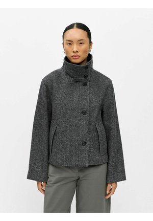 Femme portant une veste en laine gris foncé boutonnée avec un col montant et deux poches avant, associée à un pantalon gris clair.