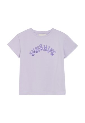 Hellblaues Baumwoll-T-Shirt mit kurzen Ärmeln, das das Wort "SONNENSCHEIN" in strukturierten, glitzernden Buchstaben über der Brust trägt.