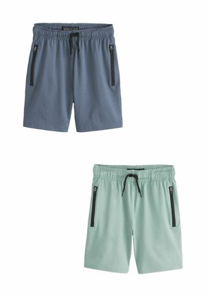 Zwei Paare Herren-Shorts: eines in Schieferblau und eines in hellem Minzgrün, beide mit elastischen Taillenbündchen, Kordelzügen und schwarzen Reißverschlusstaschen.