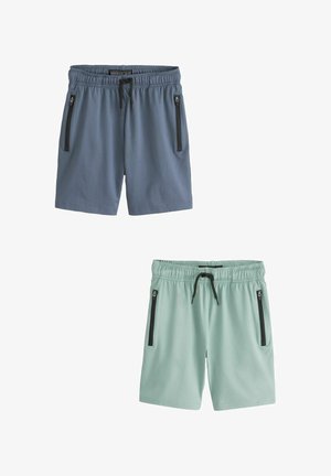 Twee paar herensportshorts met trekkoord, één in het blauw en de andere in lichtgroen, beide met ritssluiting aan de zijkanten.