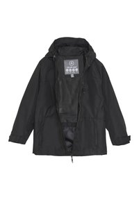 Svart zip-up jacka gjord av lättviktsmaterial, med huva, långa ärmar och en bröstetikett med skötselråd. Inga synliga mönster.