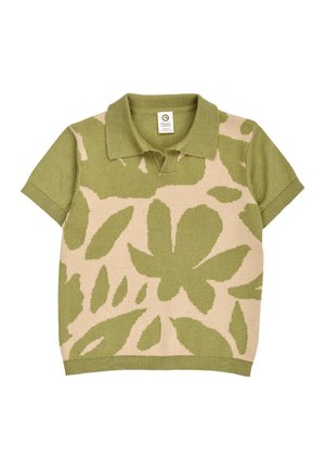 Short-sleeve green polo shirt with beige and olive green abstract leaf pattern, knitted fabric, and ribbed collar and cuffs.