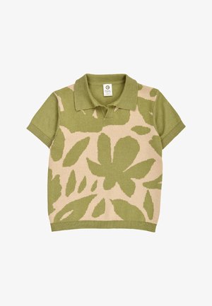 Groen poloshirt met korte mouwen en een beige en olijfgroen abstract bladmotief, gebreide stof, en geribde boord en manchetten.
