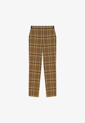 Pantalon marron à carreaux sur mesure avec panneaux noirs à la taille, jambes droites et poches avant, présenté à plat sur fond blanc.