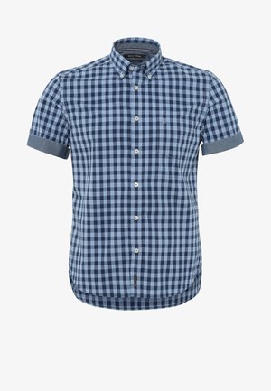 Kurzärmeliges Hemd zum Knöpfen mit einem Muster aus dunkelblauen und hellblauen Vichykaros, mit einem Button-Down-Kragen und Brusttasche. Aus Baumwollmaterial.