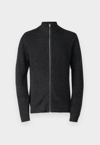 Dark gray zip-up sweater with a high collar, ribbed texture, long sleeves, and a central zipper. No visible patterns or accents.