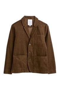 Brązowa kurtka z kordurowego materiału, z kołnierzem typu notched, dwoma przednimi kieszeniami nakładanymi oraz trzema guzikami z przodu. Podszewka wewnętrzna z metką w środku.