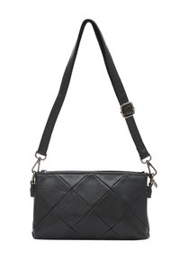Borsa a tracolla nera in pelle trapuntata. Caratterizzata da una forma rettangolare, una tracolla regolabile e una chiusura superiore con zip. Accenti in metallo argentato.