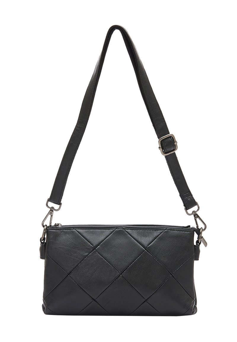 Borsa a tracolla nera in pelle trapuntata. Caratterizzata da una forma rettangolare, una tracolla regolabile e una chiusura superiore con zip. Accenti in metallo argentato.