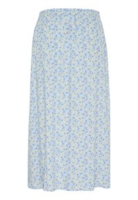 Fustă florală dintr-un material ușor, cu un fundal albastru și flori galbene și albastre, talie elastică, lungime până la jumătatea gambei.