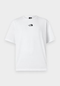 Bílé bavlněné tričko s krátkými rukávy a kulatým výstřihem. Obsahuje malé černé logo na hrudi. Hladká textura, minimalistický styl.