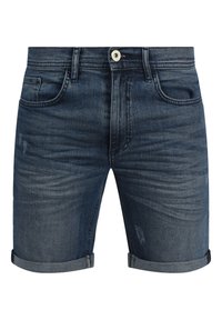 Denimshorts i mørkeblå med en slidt tekstur, optrukne kanter, fem-lomme design og lukning med frontknap.
