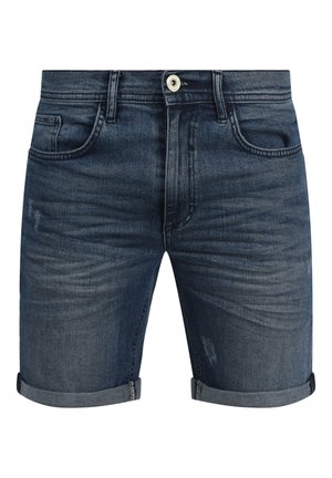 Jeans kratke hlače v temno modri barvi z izbledelim videzom, zavitimi robovi, zasnovo s petimi žepi in sprednjim gumbom za zapiranje.