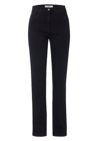 Pantalones de mezclilla negra con un diseño de pierna recta, cinco bolsillos, cierre frontal con botón y un detalle de costura sutil a lo largo de las costuras.