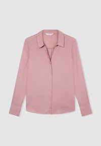 Camicia a maniche lunghe rosa chiaro con colletto, chiusura a bottoni sul davanti e texture liscia. Presenta una linea dritta e maniche cuffiate.