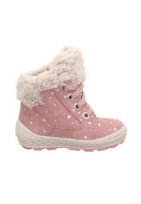 Rosa Wildleder-Ankle Boots mit Kunstfellbesatz, grauem Sternenmuster, Schnürung vorne und Gummisohle. Mit abgerundeter Zehenpartie und verstärkter Naht.