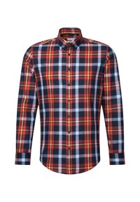Koszula zapinana na guziki z długim rękawem w kratę w kolorach czerwonym, czarnym, białym i żółtym oraz z kołnierzykiem zapinanym na guziki.