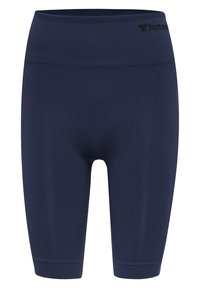 Pantaloni sportivi blu navy con vita alta, realizzati in materiale elastico. Presentano dettagli a coste sui lati e un logo sulla vita.