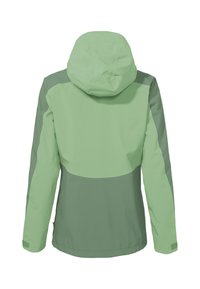 Green outdoor jacket with a fitted hood, featuring a two-tone design in light and dark green, made from a smooth, lightweight material.