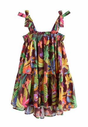 Ärmelloses Kleid mit Schulterbändern, gestaltet mit einem bunten tropischen Blumen- und Blättermuster auf dunkelbraunem Hintergrund.