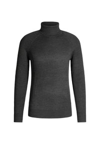 Dunkelgrauer gerippter Rollkragenpullover mit langen Ärmeln und enganliegendem Design. Glatte Textur und mittlere Dicke für Wärme.