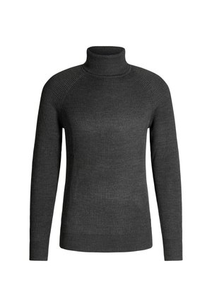 Donkergrijze geribde coltrui met lange mouwen en een aansluitend ontwerp. Gladde textuur en gemiddelde dikte voor warmte.