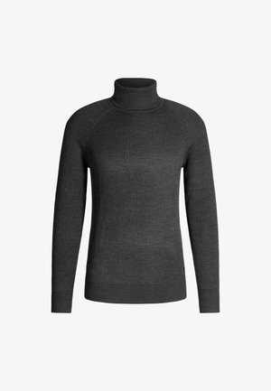 Dark gray ribbed turtleneck sweater with long sleeves and a fitted design. Smooth texture and medium thickness for warmth.