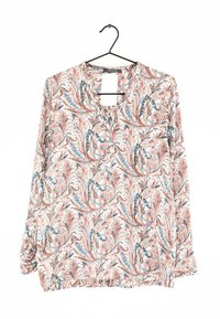 Langärmlige Bluse mit Paisleymuster in Blau, Rost und Creme. Schlüssel-ausschnitt und leichtes Material mit weicher Textur.