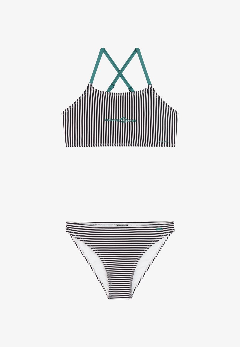 Tweedelig bikini met zwart-witte horizontale strepen, groene gekruiste schouderbandjes en de tekst "COASTAL COOL" op de top.