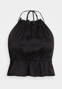 Top halter preto em cetim com decote franzido, alças ajustáveis e bainha esvoaçante com detalhes em babados. Textura suave.