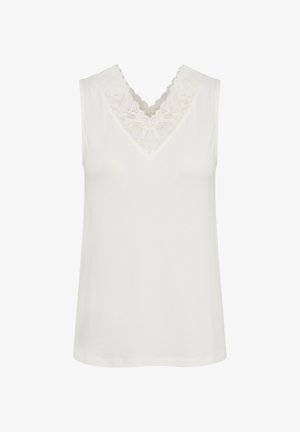 Bílý tílko bez rukávů s výstřihem do V zdobeným jemnou krajkou a vroubkovanými okraji.
